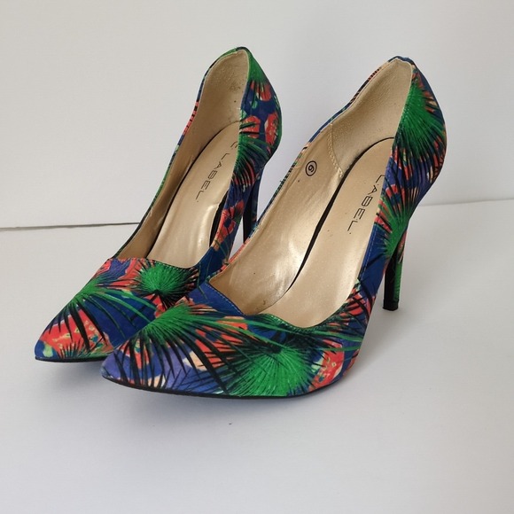 Tropical Print C. Label Sz 9 Stilleto Heel Pointed Toe Blue Orange Pattern - Picture 1 of 6